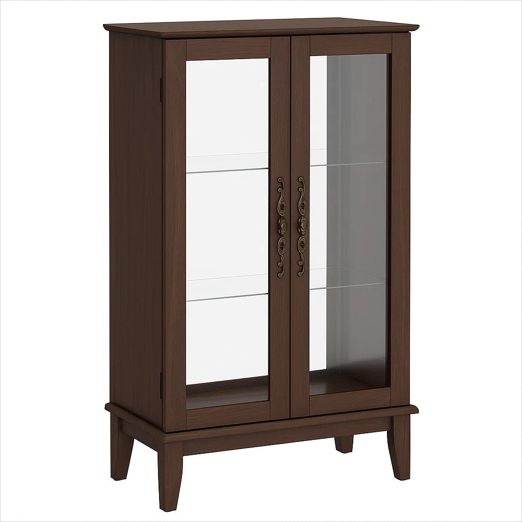 Holz Vitrine mit Glastüren und Metallgriffen, 80x30x120 cm, Braun/Transparent