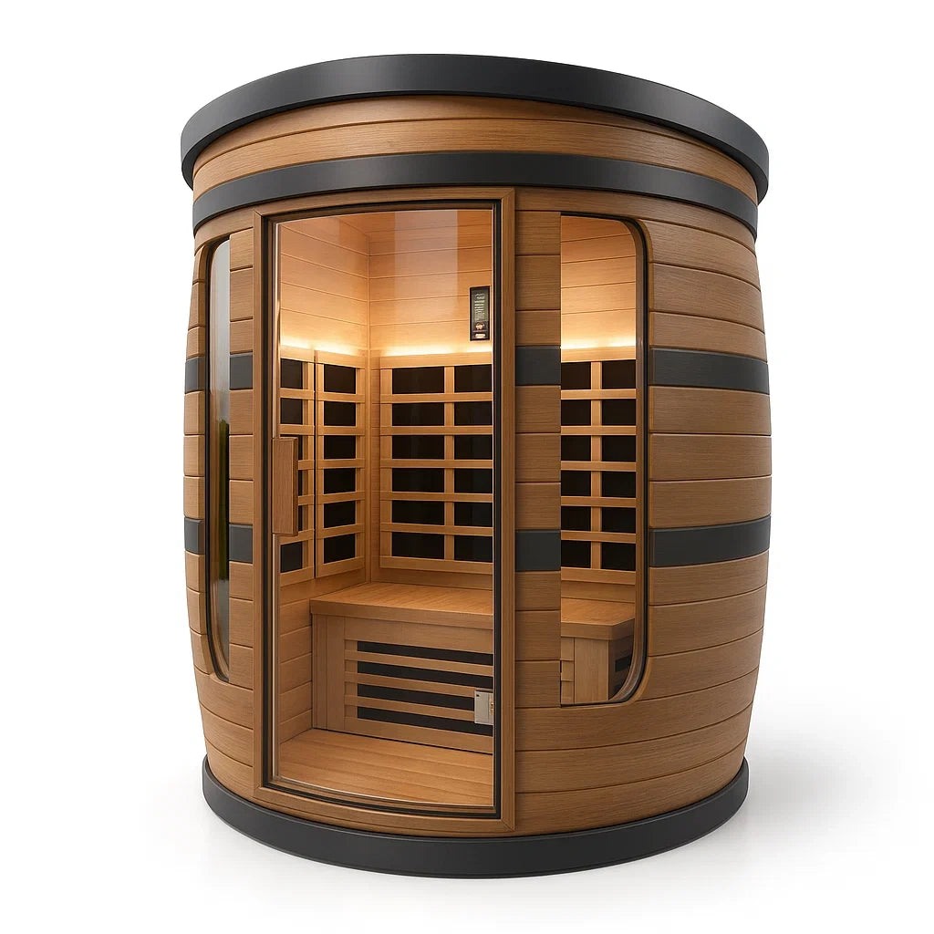 Runde Infrarot-Sauna aus kanadischem Hemlock mit Sicherheitsglas für 2 Personen