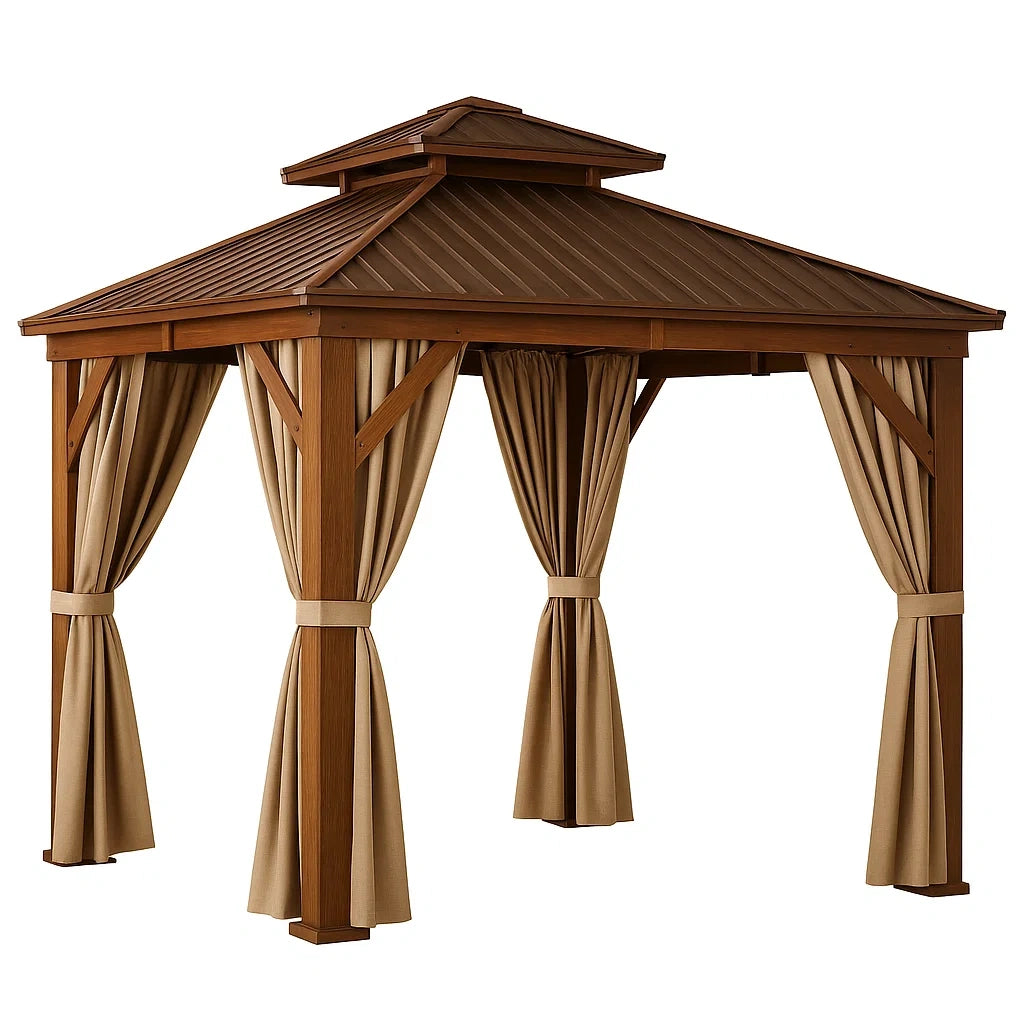 Holzpavillon mit Stahldach und Polyester-Vorhängen 300x400 cm