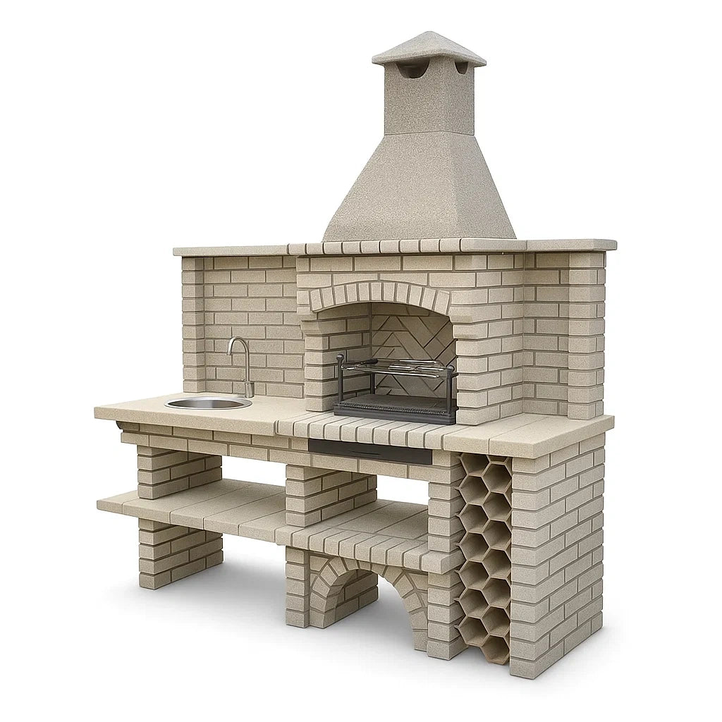 Stein Gartengrill mit Edelstahlspüle und Regalen Beige