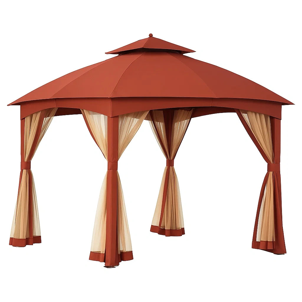 Gartenpavillon Stahl Rot mit Polyester- und Netzvorhängen 3x4m