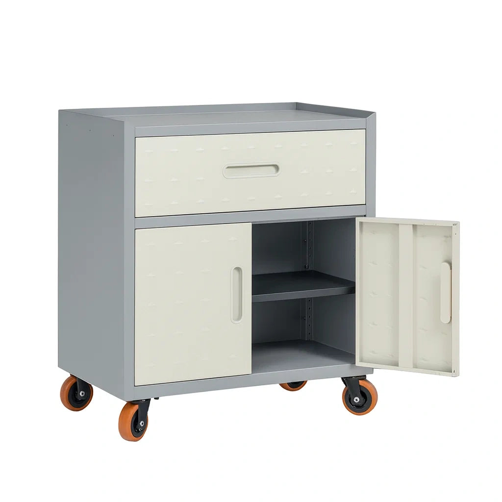 Metallschrank mit Schublade und Türen auf Rollen Grau/Beige